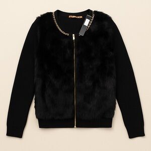 NWT Black Faux Fur front zip Jacket with Gold Accents